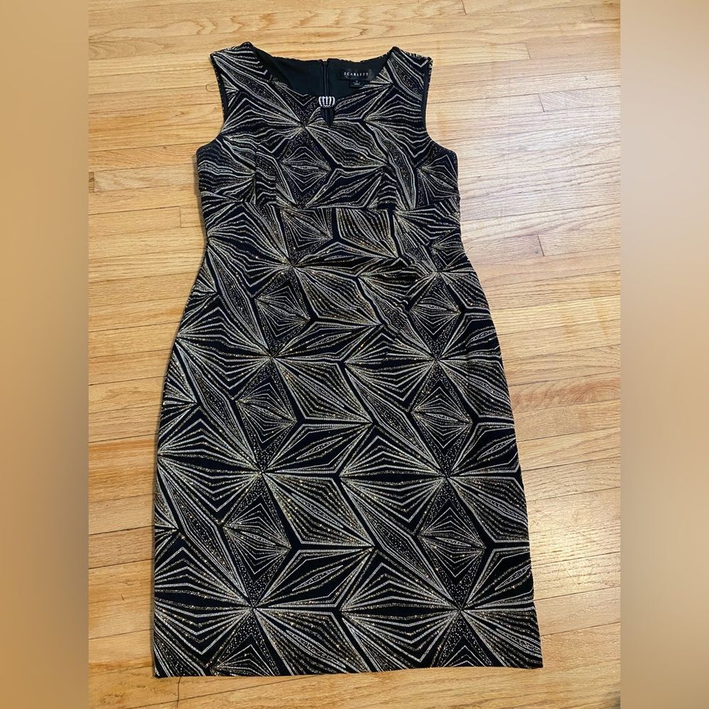 Scarlett Brand Women Size 10 Chic Black Gold Geometric Dress Zip Close